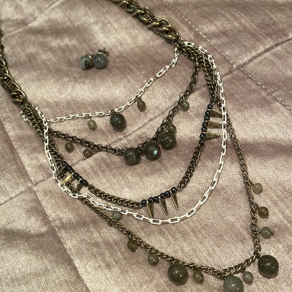 Labradorite Gemstone Necklace & Stud Earrings Layered Necklace